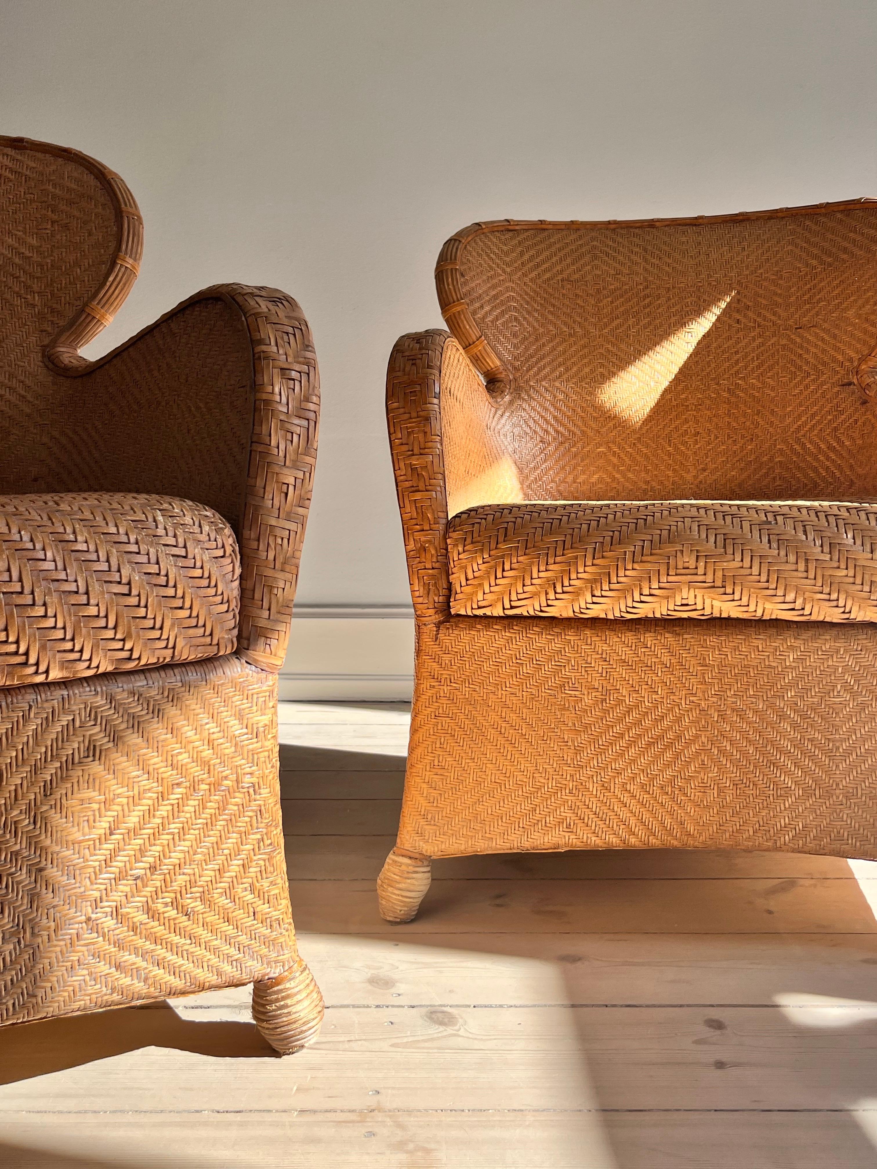 Pair of Soren Lund Lounge Chairs / Arm chairs in Wicker / Cane and leather 4
