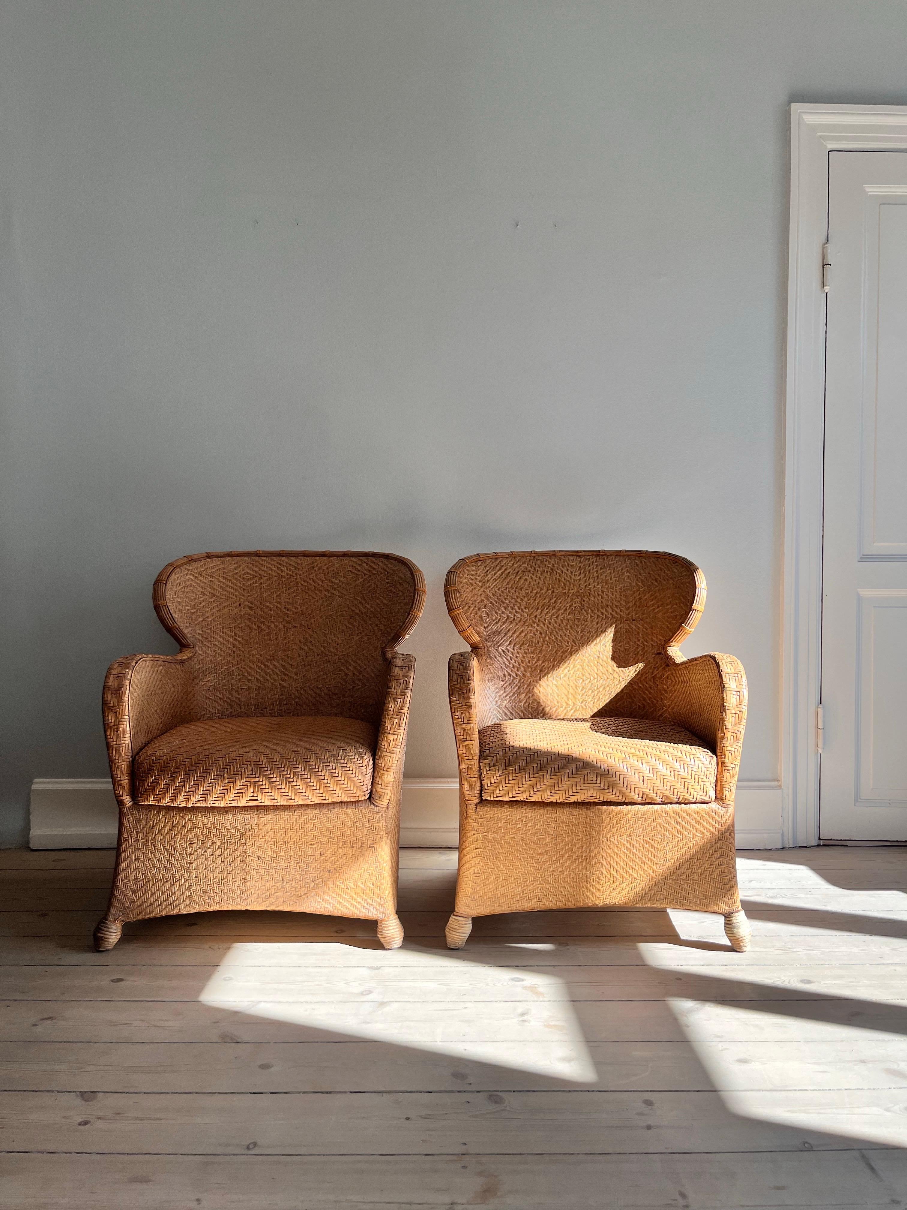 Pair of Soren Lund Lounge Chairs / Arm chairs in Wicker / Cane and leather 5
