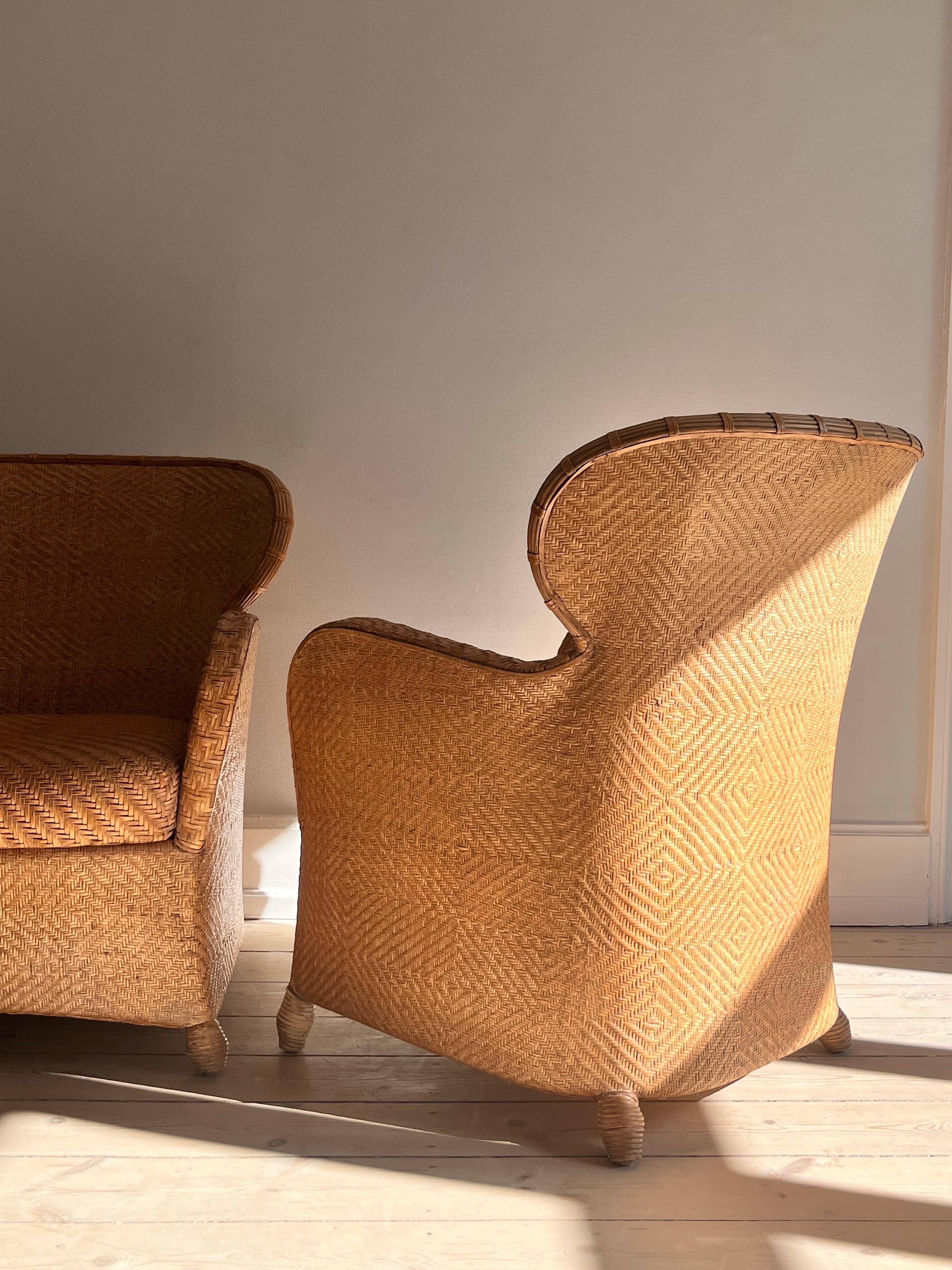 Pair of Soren Lund Lounge Chairs / Arm chairs in Wicker / Cane and leather 7