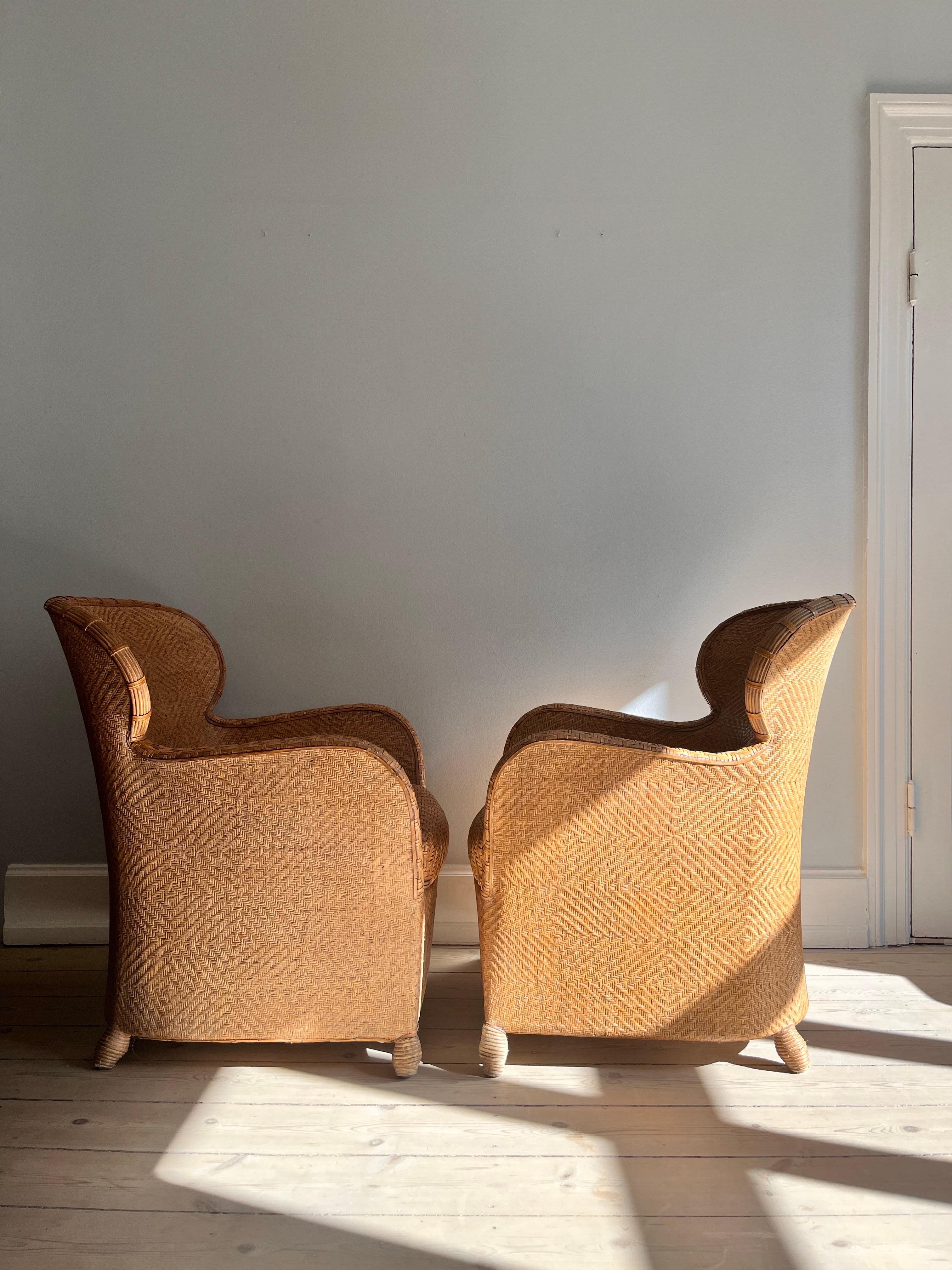 Pair of Soren Lund Lounge Chairs / Arm chairs in Wicker / Cane and leather 6