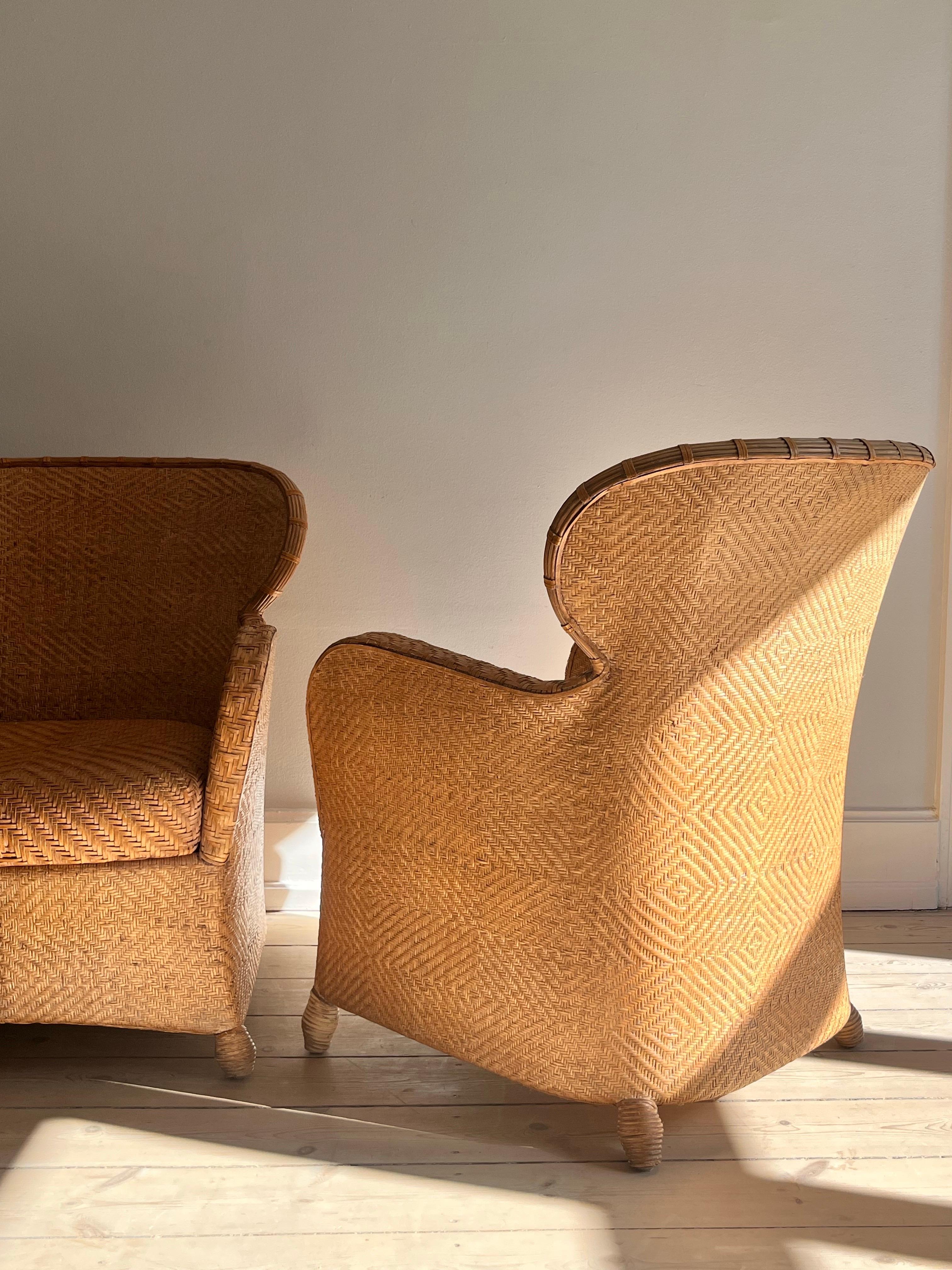 Pair of Soren Lund Lounge Chairs / Arm chairs in Wicker / Cane and leather 9