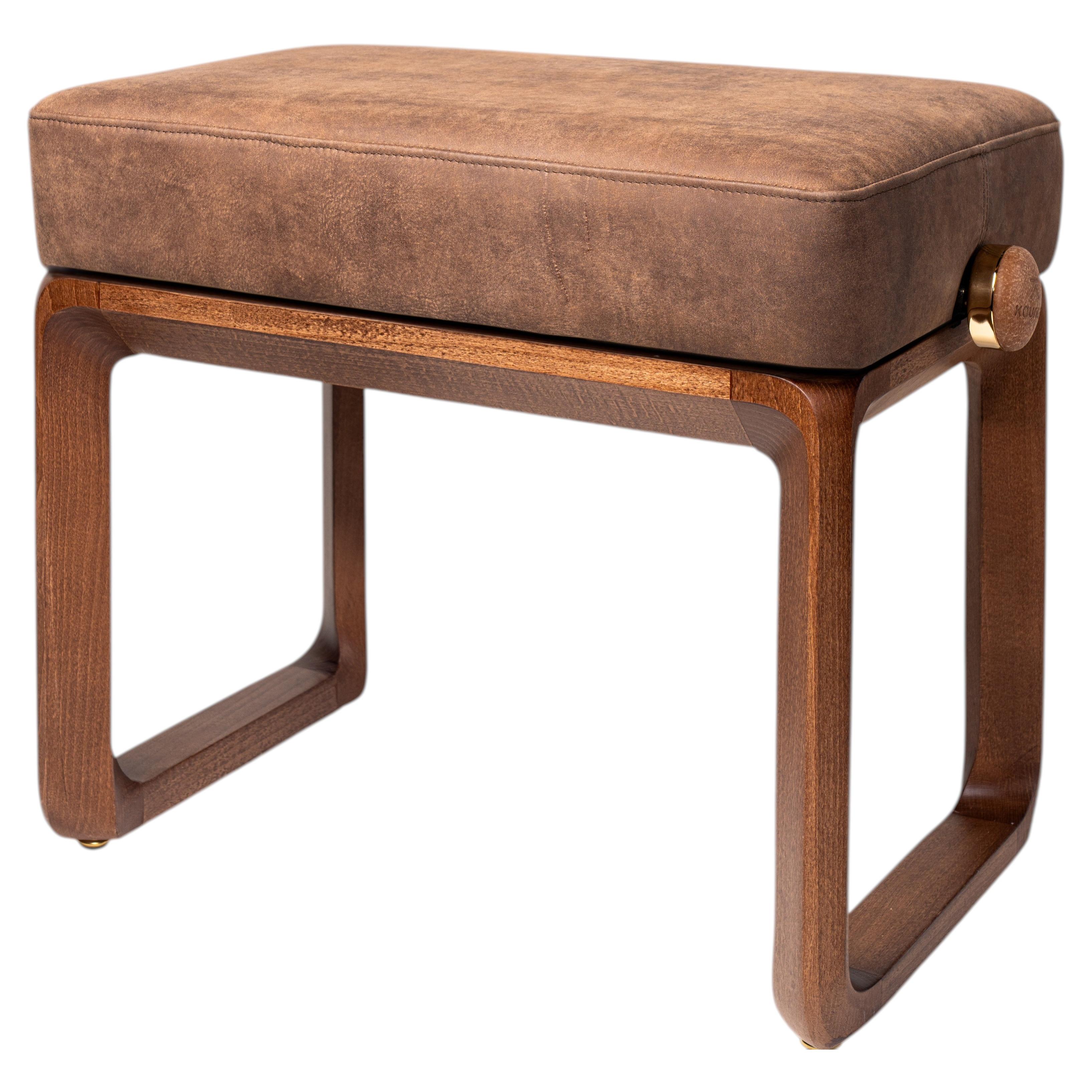 Contemporary Walnut and Leather Piano Bench, Handcrafted, Adjustable Height
