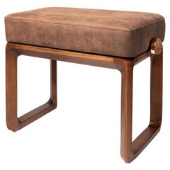Contemporary Walnut and Leather Piano Bench, Handcrafted, Adjustable Height