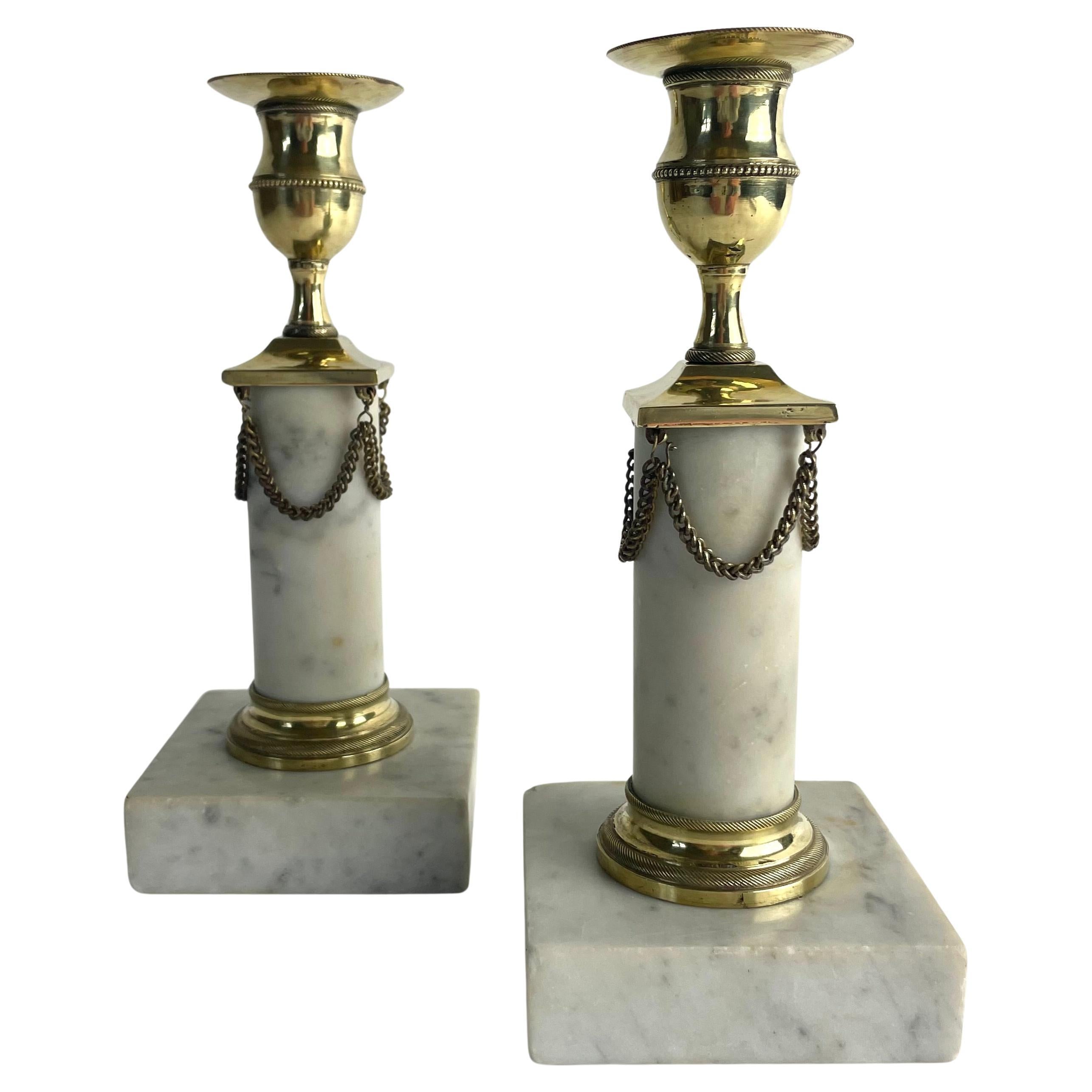 Pair of Gustavian Candlesticks in Brass and Carrara Marble, Late 18th Century For Sale