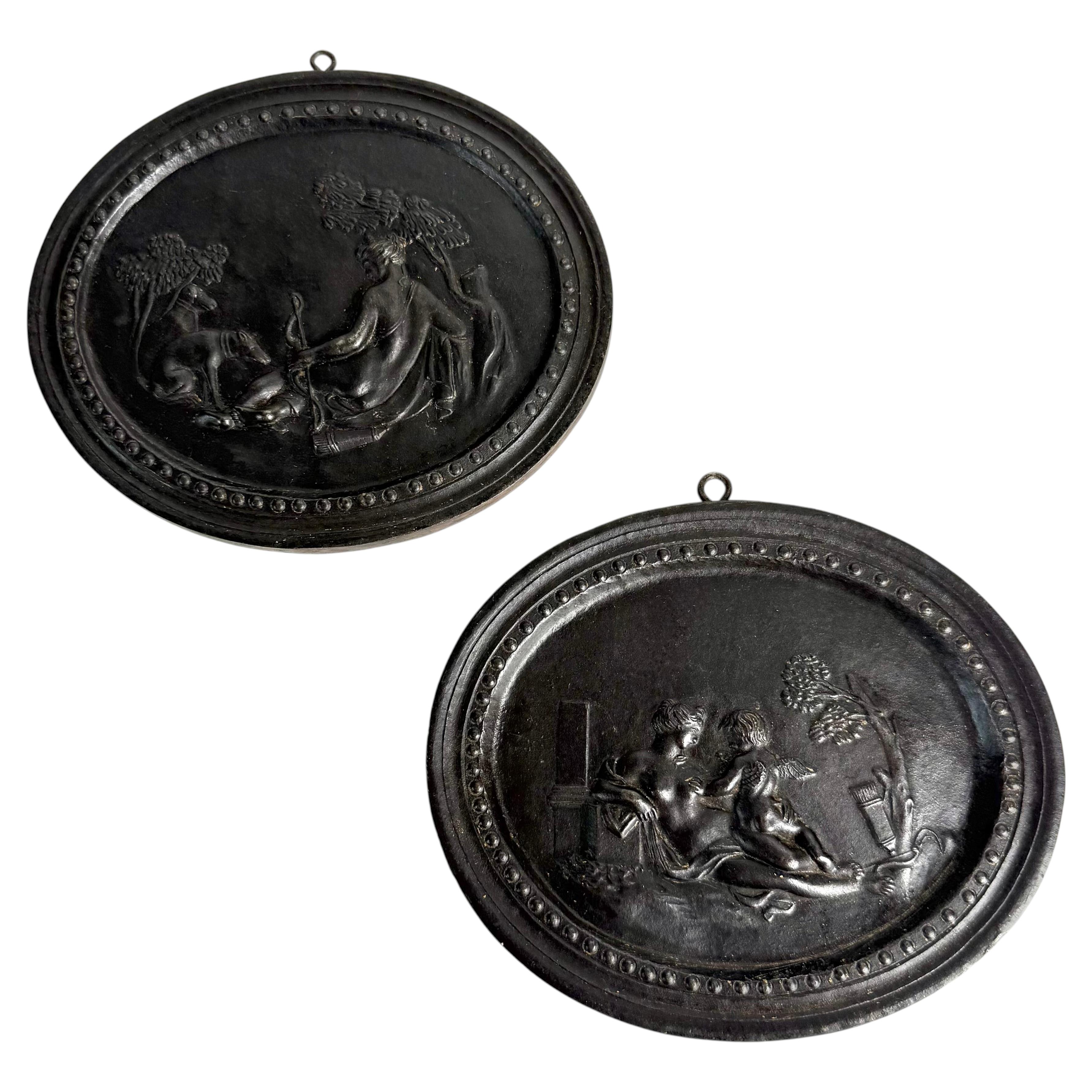Pair of 19th Century Grand Tour Classical Relief Plaques in Patinated Cast Iron For Sale
