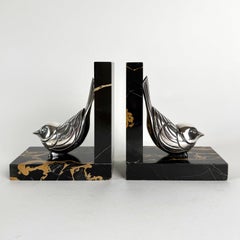 French Art Deco F.H. Danvin Silver-Plated Bird Bookends in Nero Portoro Marble.