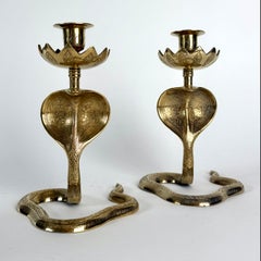 Pair of Art Deco Engraved Brass Cobra Candlesticks, India or Middle East, 1930s