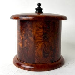 French Thuya Burl Wood Lidded Box with Black Finial, Early 20th Century