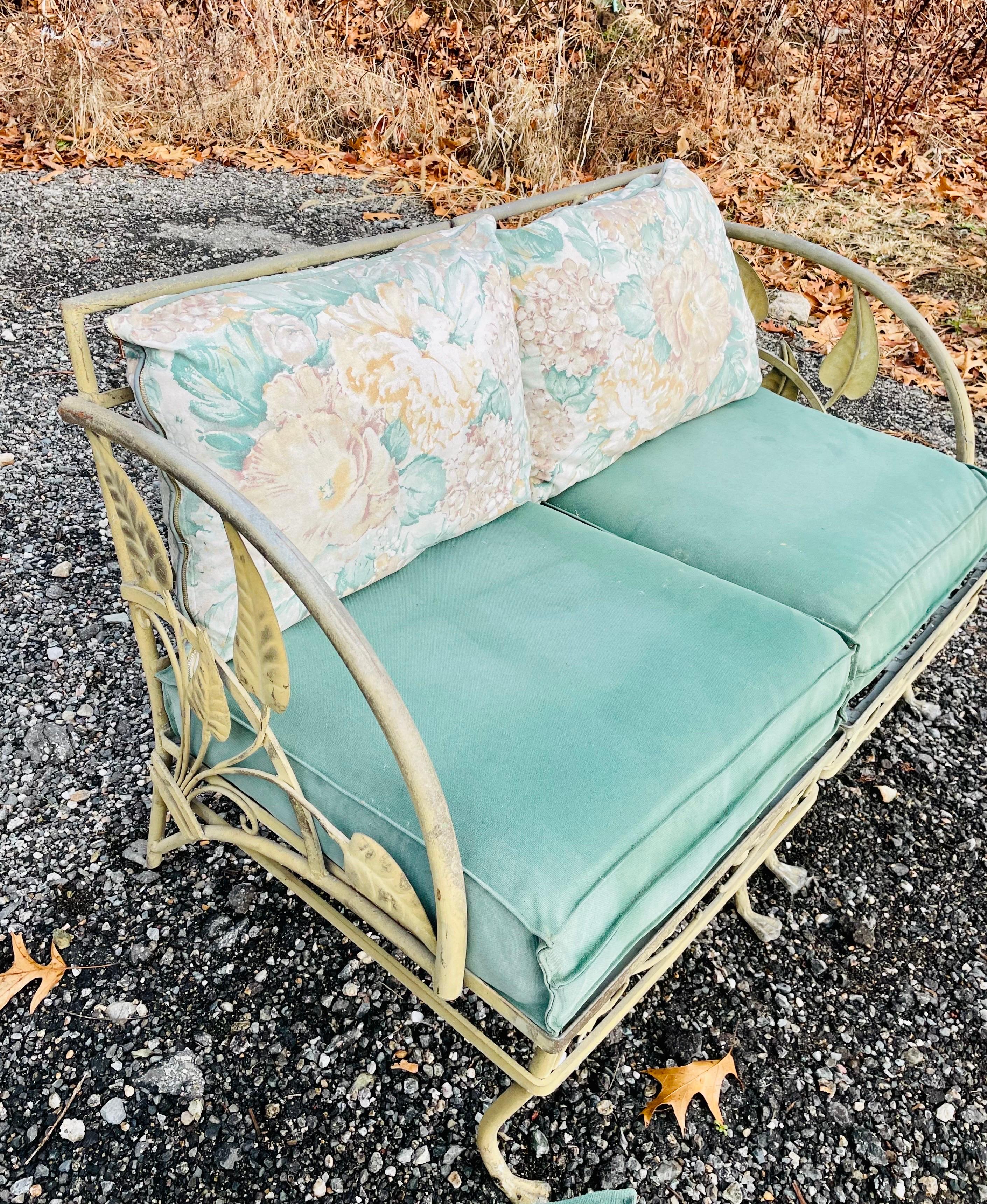 Rare and hard to find Banana Leaf Pattern
Very versatile being 3 separate seats. 
Can set up as a love seat and chair or 3 person sofa
Upholstered cushions and pillows are included. Original Blueish Gray Patina
This set has never been