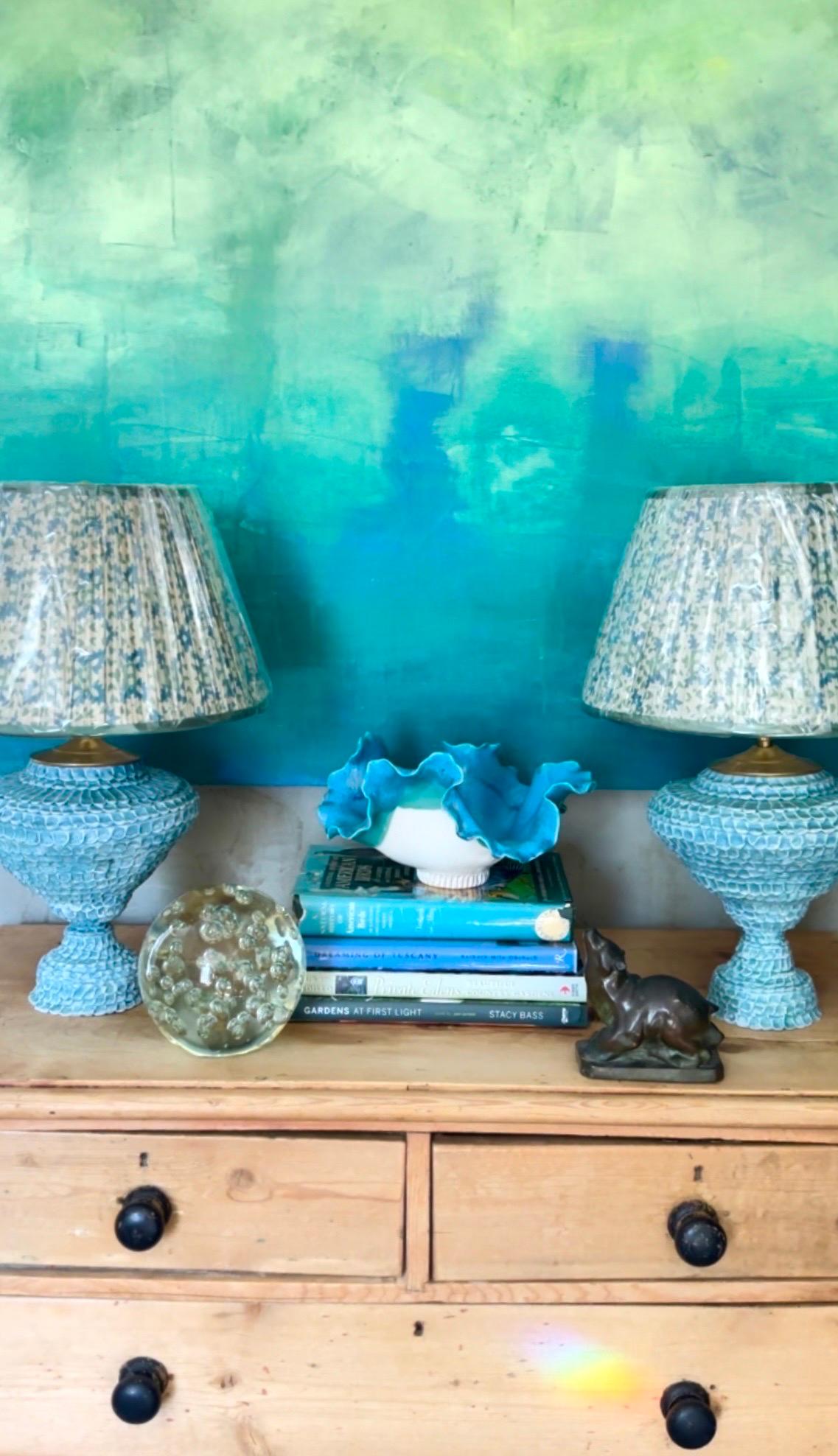 textured classical ceramic urn lamp pair in turquoise For Sale 7