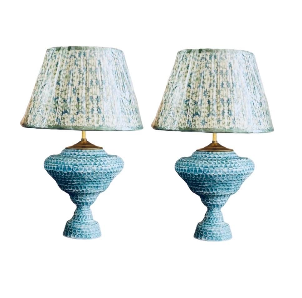 textured classical ceramic urn lamp pair in turquoise For Sale 8