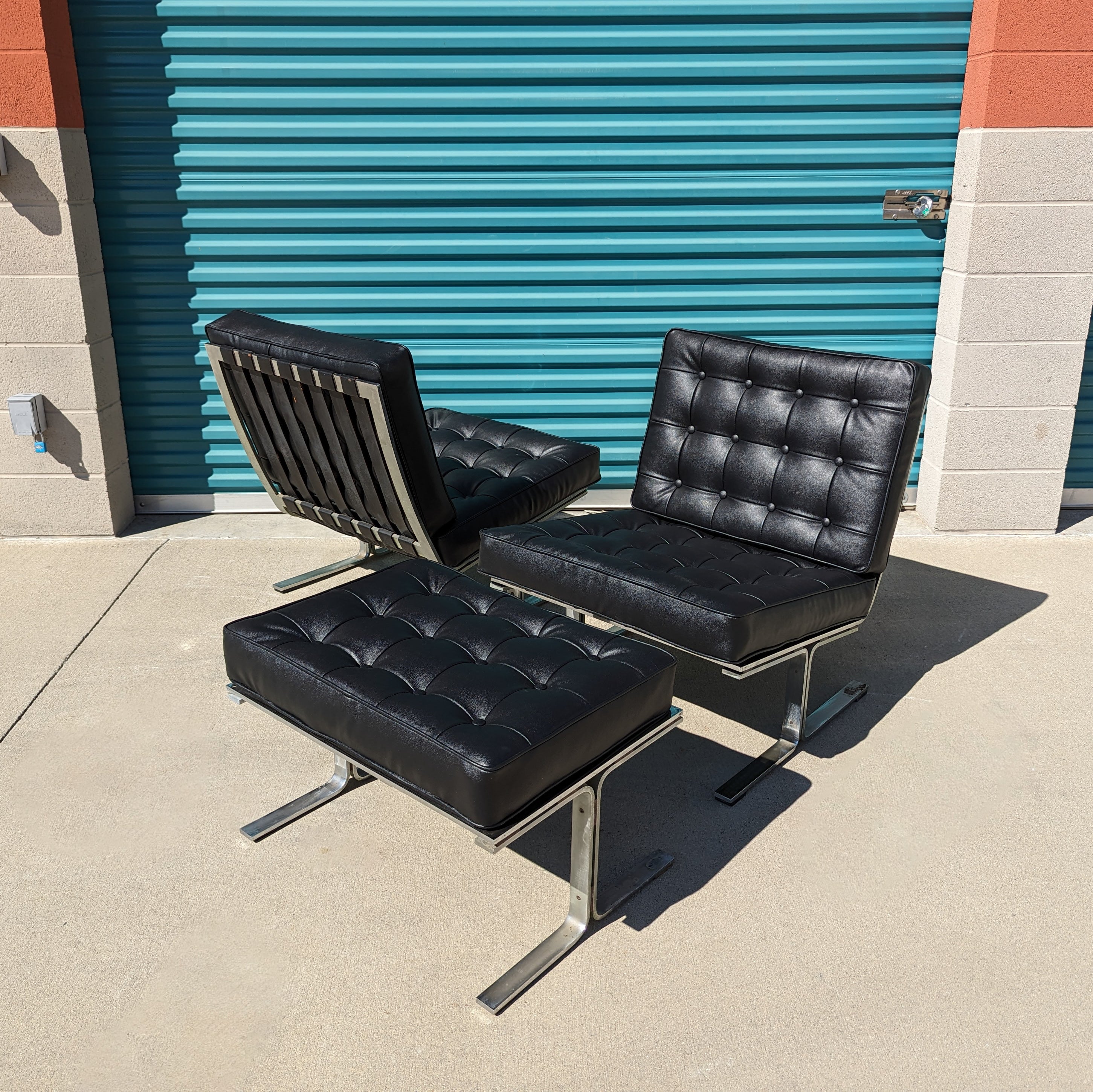 Just in, a rare pair of solid chrome chairs and ottoman (1) designed by Karl-Erik Ekselius for J. O. Carlsson, Sweden, c1960s. Reminiscent of Barcelona chairs, these beauties feature a heavy chrome metal frame and new marine vinyl cushions. Both the
