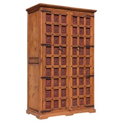 Vintage Mexican Solid Wood Armoire with Handcrafted Iron Hardware