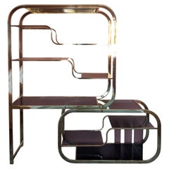 Deco Brass & Smoked Glass Adjustable Display Shelf/Etagere, c1980s