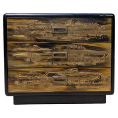 Acid-Etched Brass & Ebony Lacquer Chest by Bernhard Rohne for Mastercraft