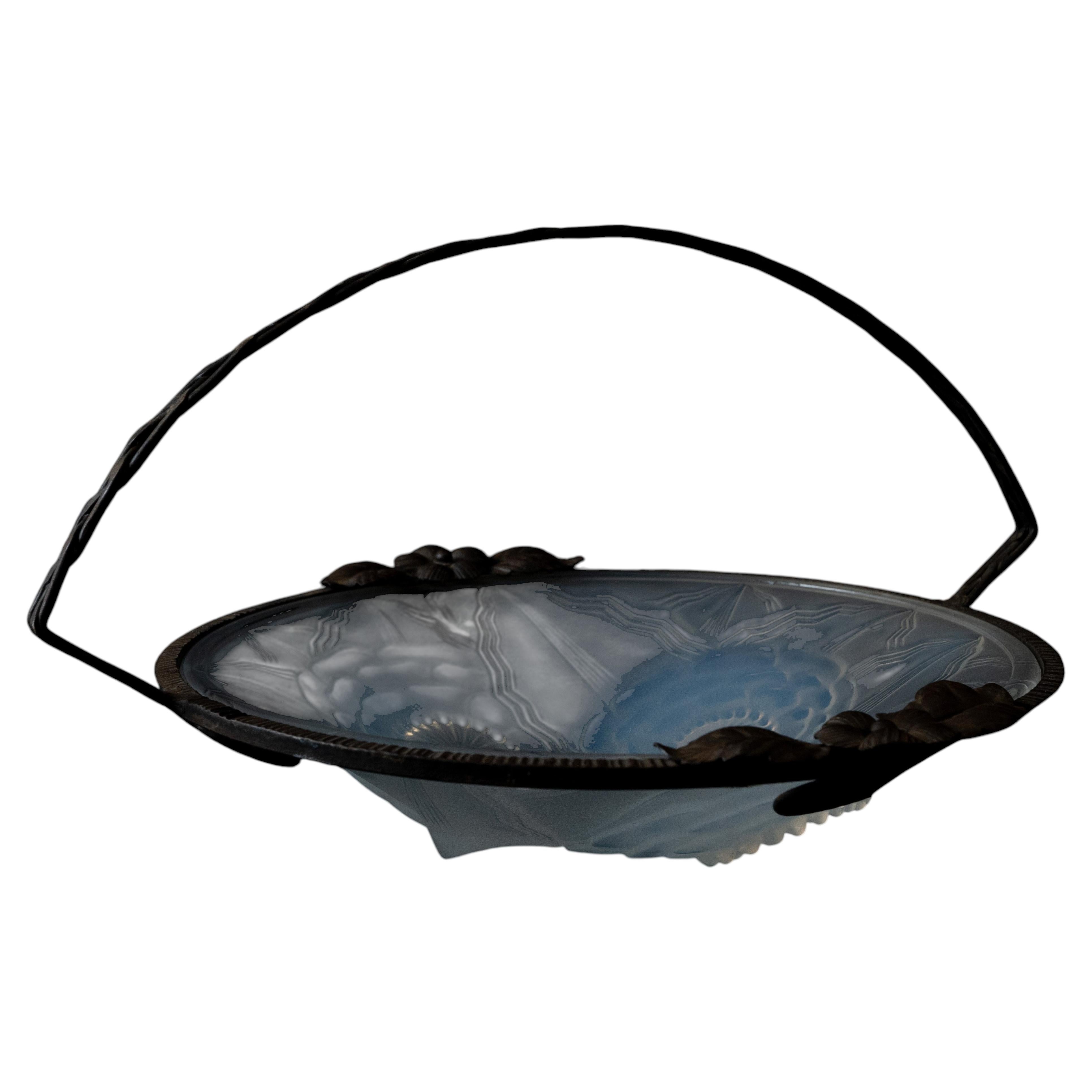 Pierre d’Avesn Art Deco Opalescent Glass and Wrought Iron Bowl, circa 1930 For Sale