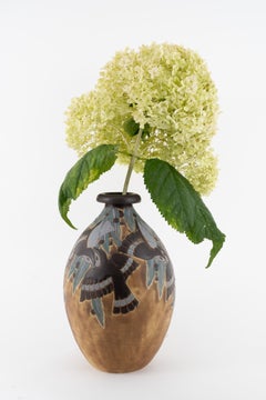 Charles Catteau Art Deco Stoneware Vase with Swallows, Boch Frères Keramis, 1929