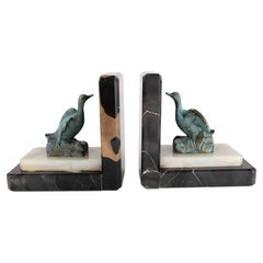 Art Deco Bird Bookends Signed R. Scali, Patinated Spelter and Marble, circa 1930