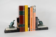 Art Deco Bird Bookends Signed R. Scali, Patinated Spelter and Marble, circa 1930