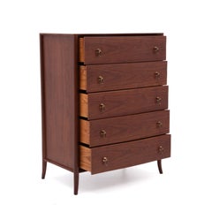T.H. Robsjohn Gibbing Widdicomb Walnut Five Drawer Chest Klismos Leg