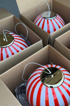 Large Murano Vintage Candy pendant red / white stripes glass, made in Italy