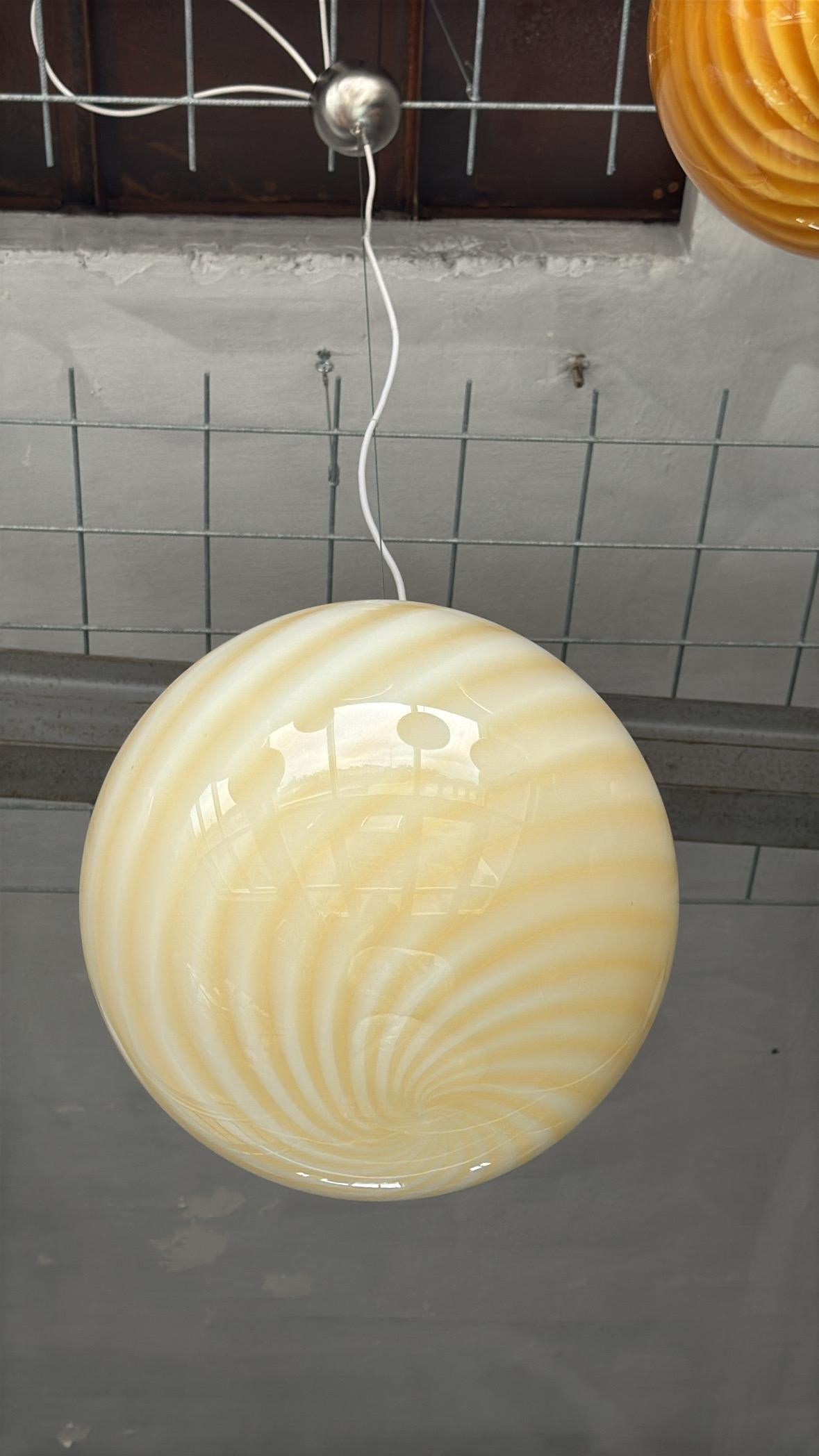 Contemporary Large Murano Vintage Candy pendant soft yellow swirl glass, made in Italy For Sale