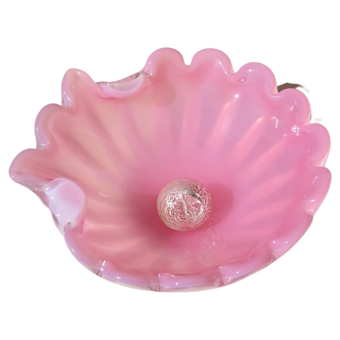 Vintage Murano Bubble Gum Opal Pink Handmade Shell Bowl with Glass Pearl 