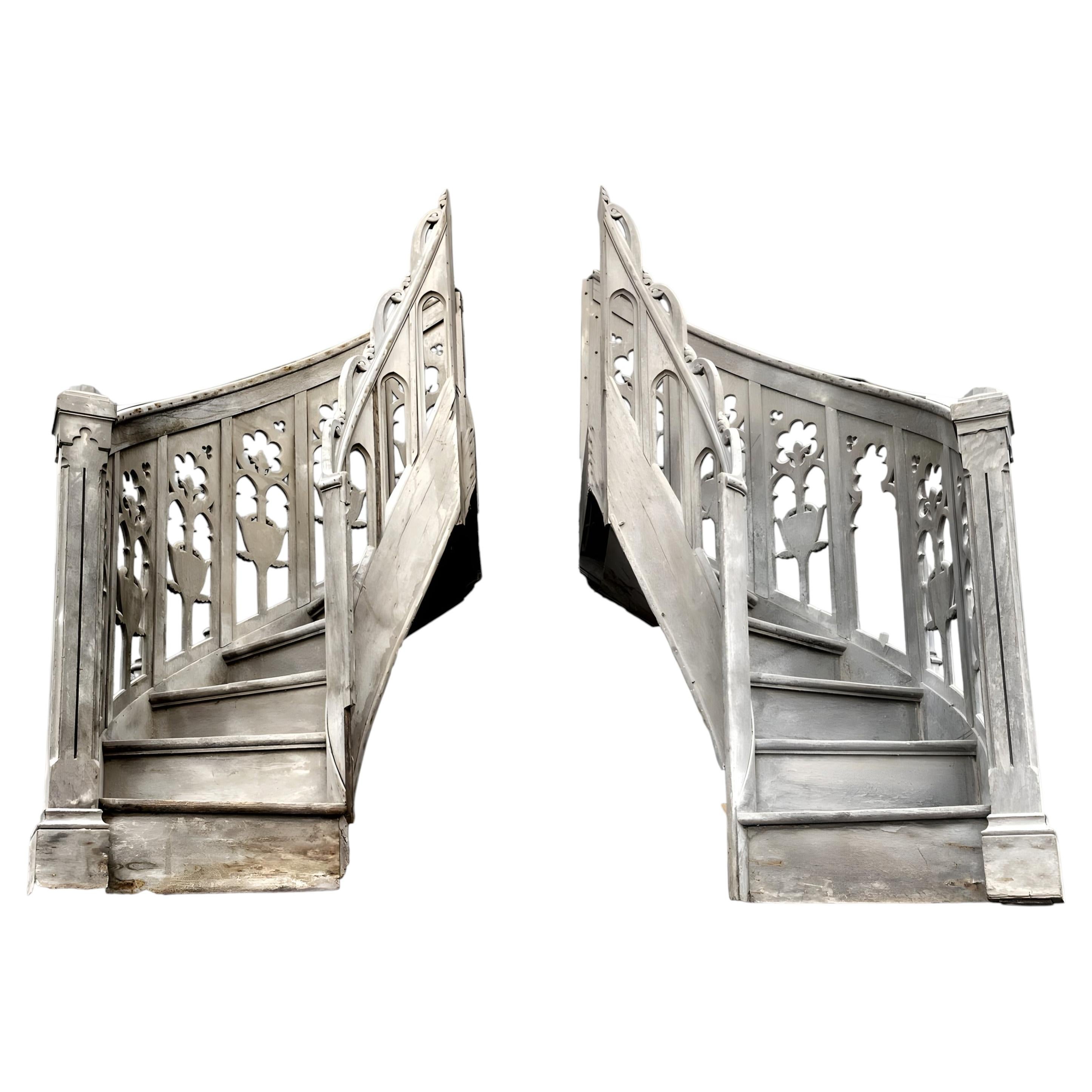 Pair of Neo-Gothic Church Pulpit Staircases in Carved Oak