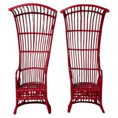 Pair of Red Rattan Chinoiserie Canopy Sun Chairs