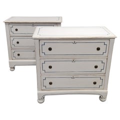 Pair of Antique 19th Century Pine Painted White Dressers With Blue French Line
