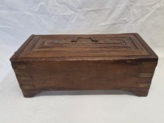 Antique Indian Teak Cash Box with Locking Key and Brass Accents