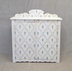 Antique Rustic Pine Two Door Sideboard Cabinet With Handpainted Lattice and Leaf