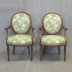 Vintage Pair French Louis XVI Style Armchairs With Green and Cream Upholstery