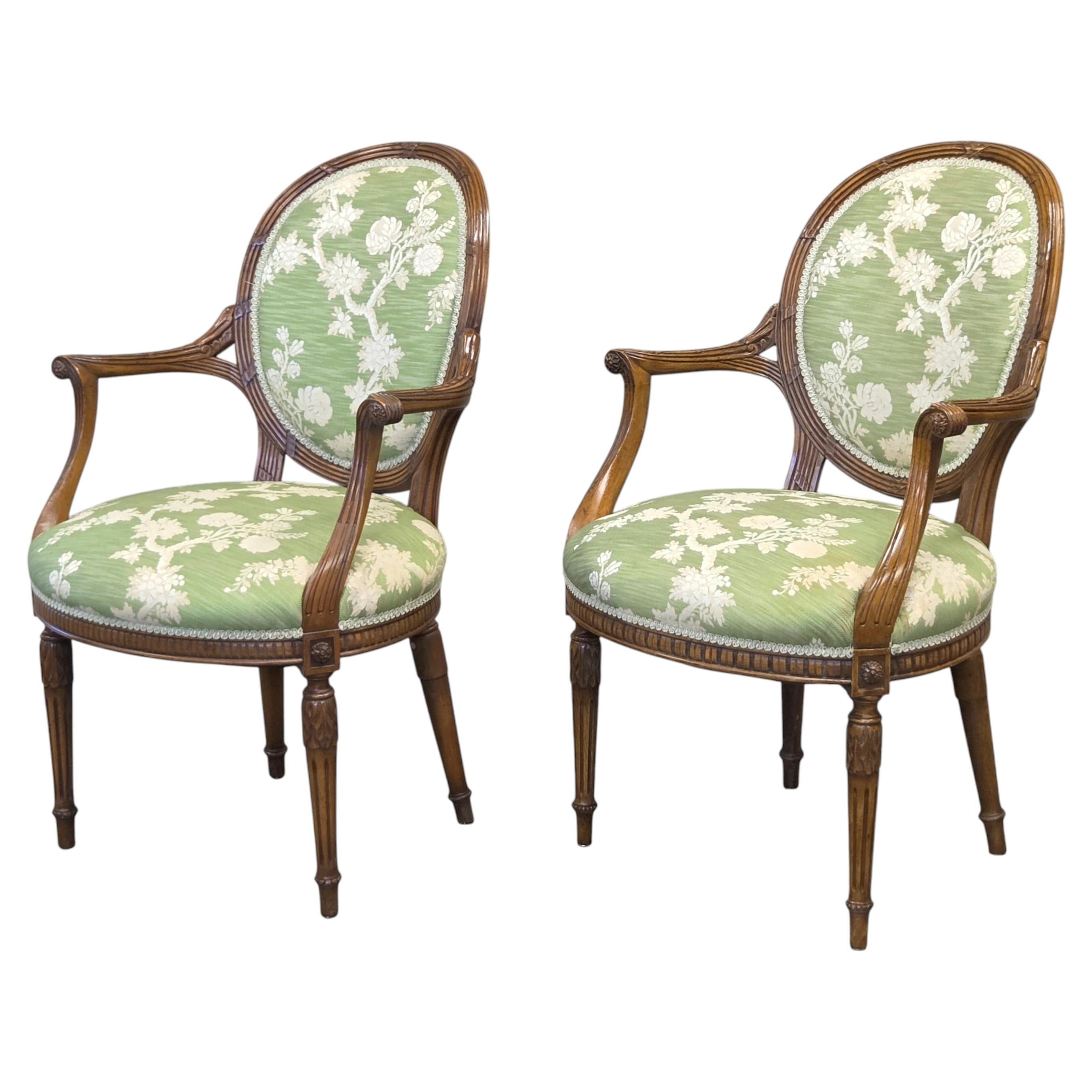 Vintage Pair French Louis XVI Style Armchairs With Green and Cream Upholstery