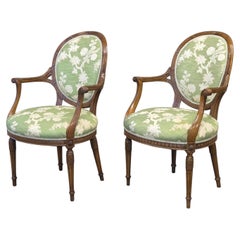 Vintage Pair French Louis XVI Style Armchairs With Green and Cream Upholstery