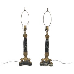 Vintage Pair French Empire Neoclassical Style Marble and Gilt Bronze Table Lamps