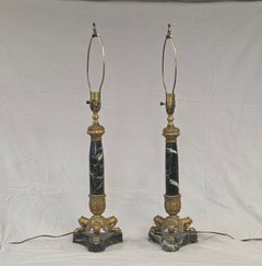 Vintage Pair French Empire Neoclassical Style Marble and Gilt Bronze Table Lamps