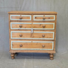 Antique English Edwardian Natural Pine Chest of Drawers with Blue French Line