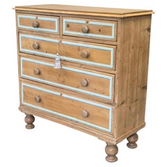 Antique English Edwardian Natural Pine Chest of Drawers with Blue French Line