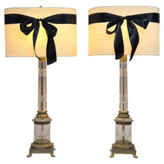 Vintage Crystal and Brass Column Table Lamps - Style of William Kessler Baccarat