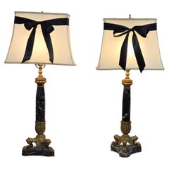 Vintage Pair French Empire Neoclassical Style Marble and Gilt Bronze Table Lamps