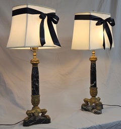 Vintage Pair French Empire Neoclassical Style Marble and Gilt Bronze Table Lamps