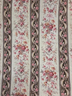 Antique 1920s French Cotton Curtain Panel, Pink and Brown Stripe with Florals