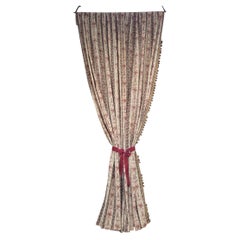 Antique 1920s French Cotton Curtain Panel, Pink and Brown Stripe with Florals