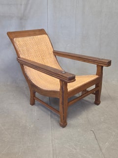 Vintage 1950s Dutch Colonial Teak Lounge Chair with Herringbone Caned Seat