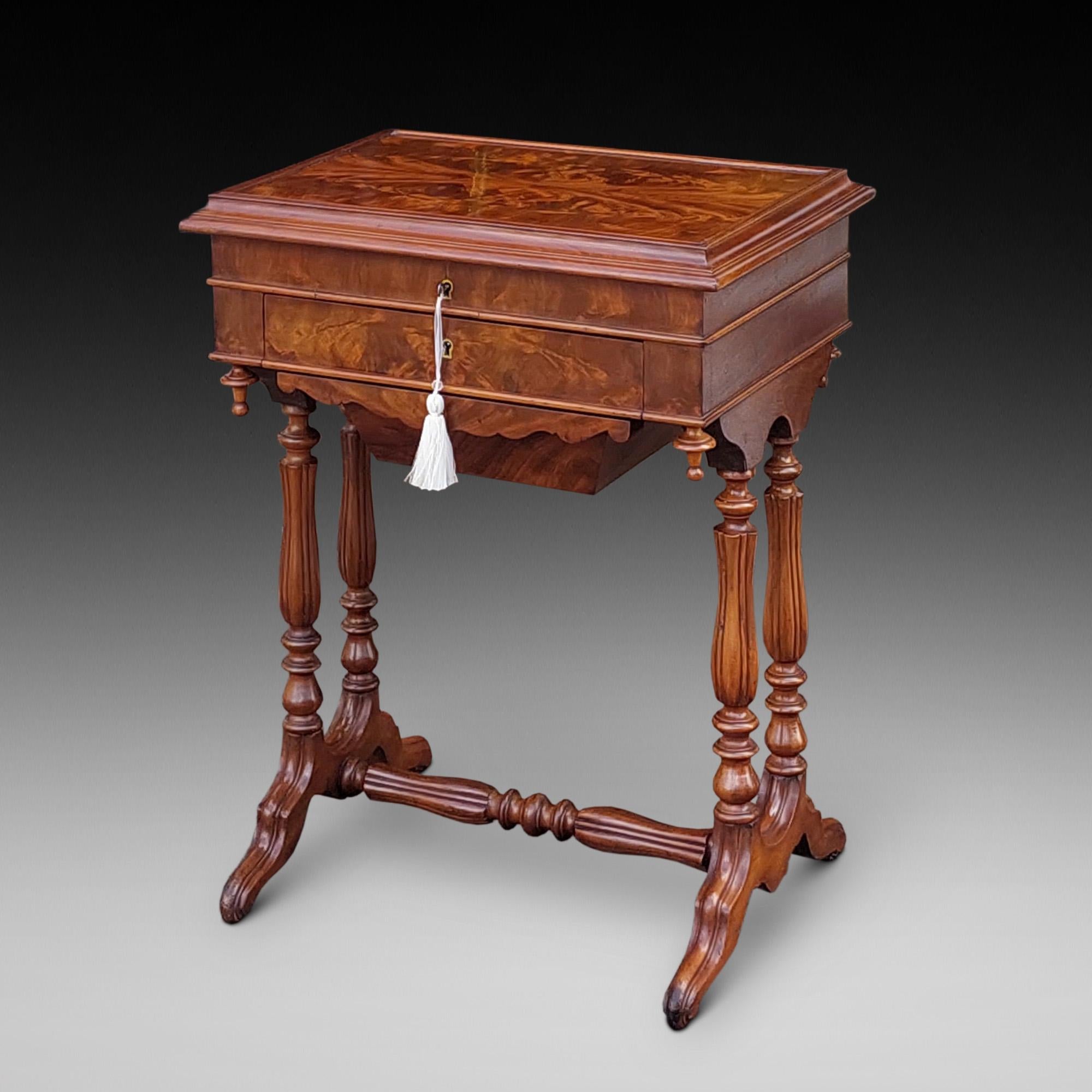 Fin du 19e siècle - Table de travail pour la couture - Biedermeier ? Le couvercle à charnière en placage d'acajou flammé coupé en quatre s'ouvre pour révéler un intérieur garni d'érable et un miroir, au-dessus d'un tiroir et d'un panier en tissu, le
