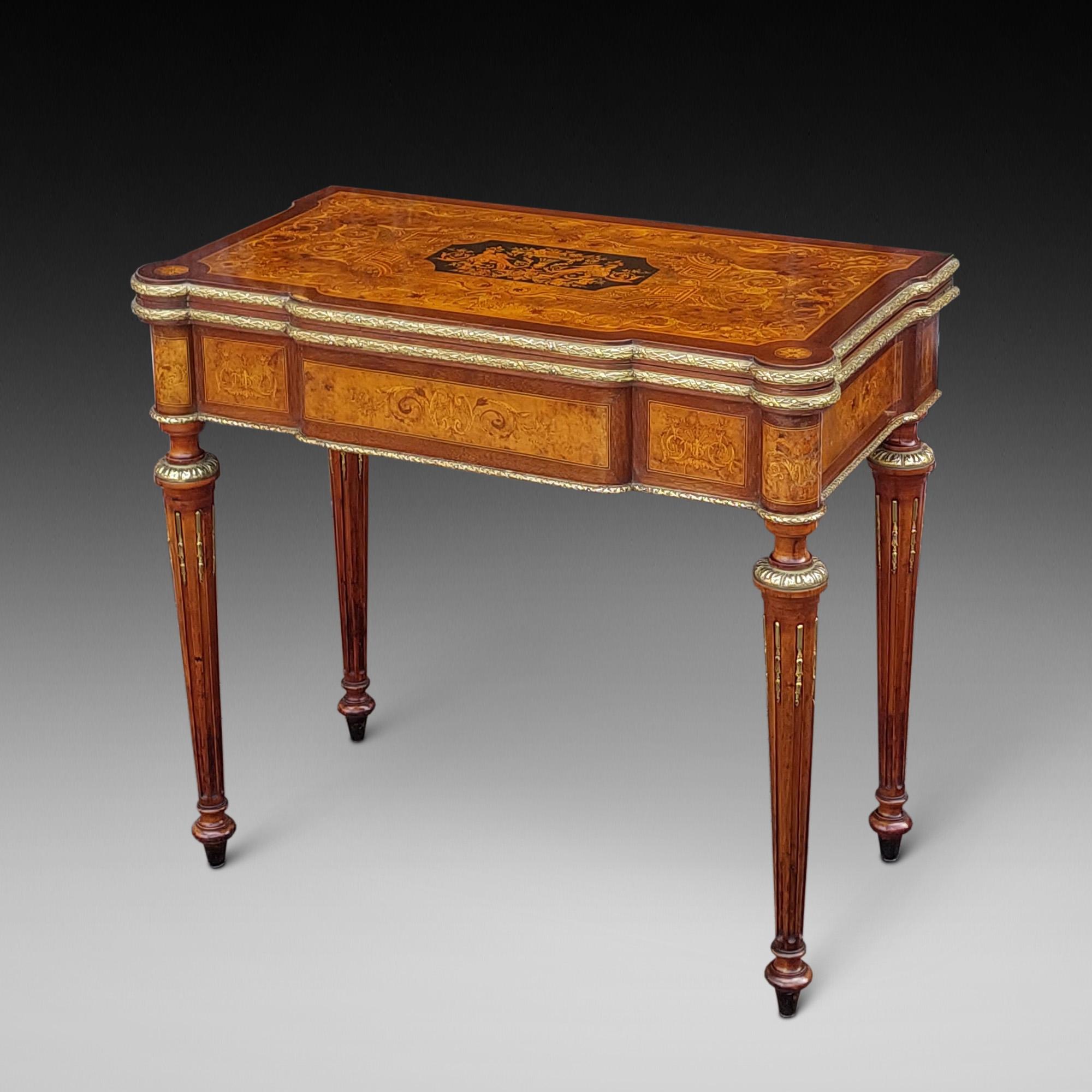 Late 19thC Burr Walnut Card Table - in Louis XVI taste, amaranth and marquetry inlaid and raised on tapered stop fluted legs all with ormalu decorations - 34