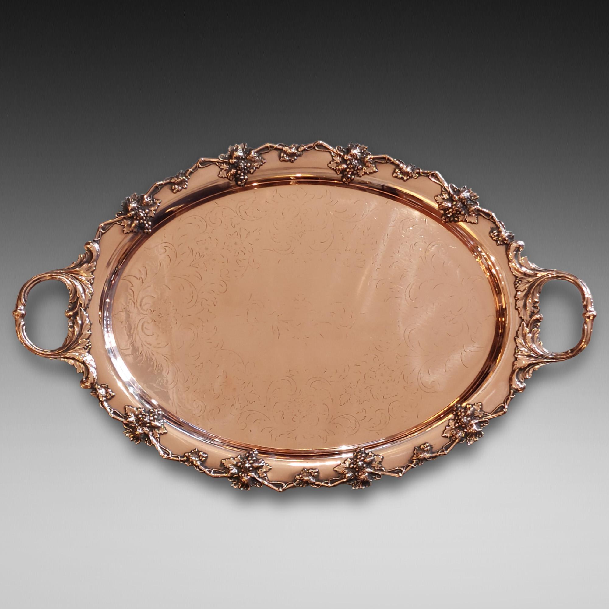 19thC Copper Oval Two-Handled Serving Tray - with engraved centre & embossed grapevine border - 27