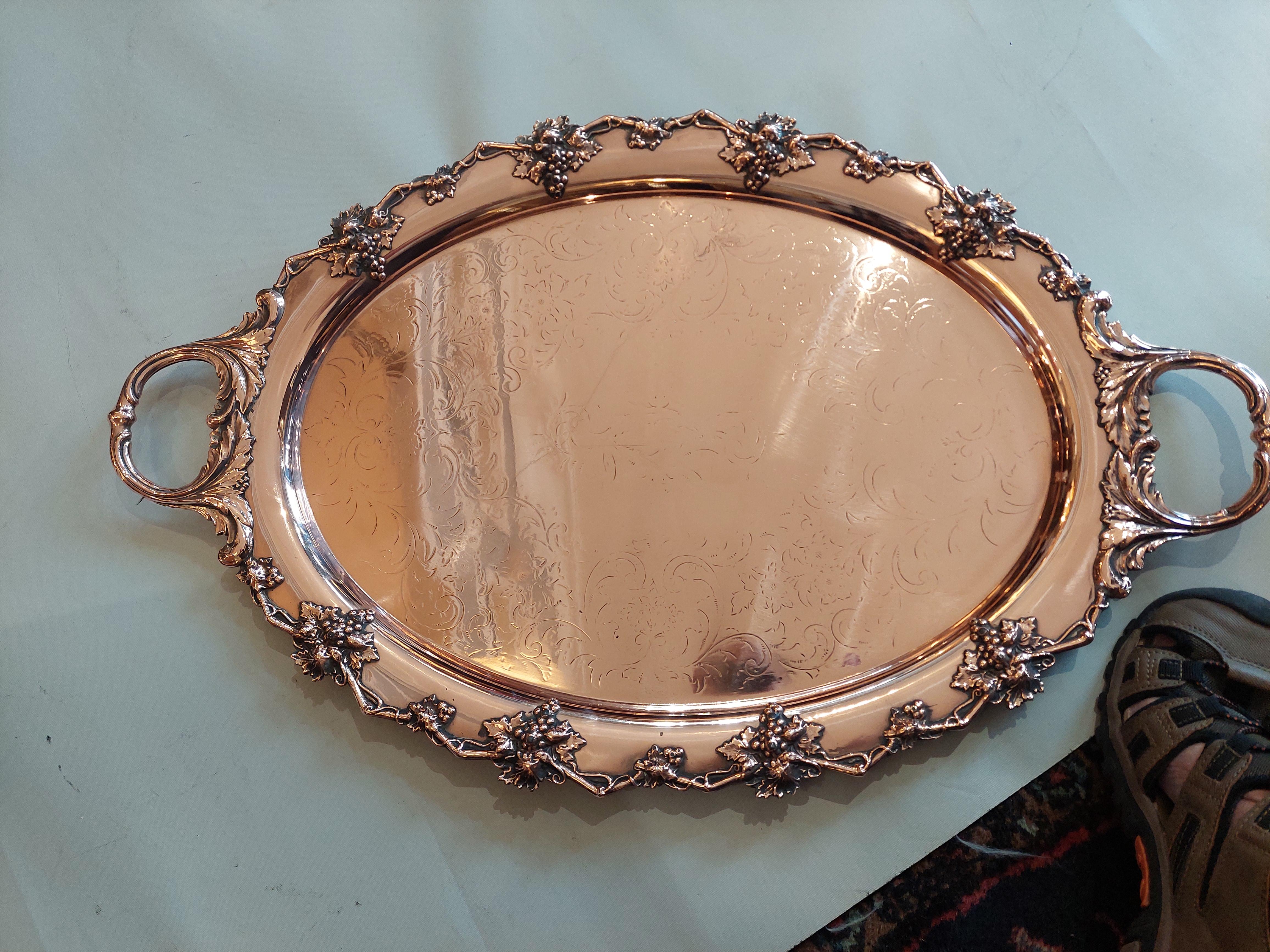 Etched 19thC Copper Oval Two-Handled Serving Tray For Sale