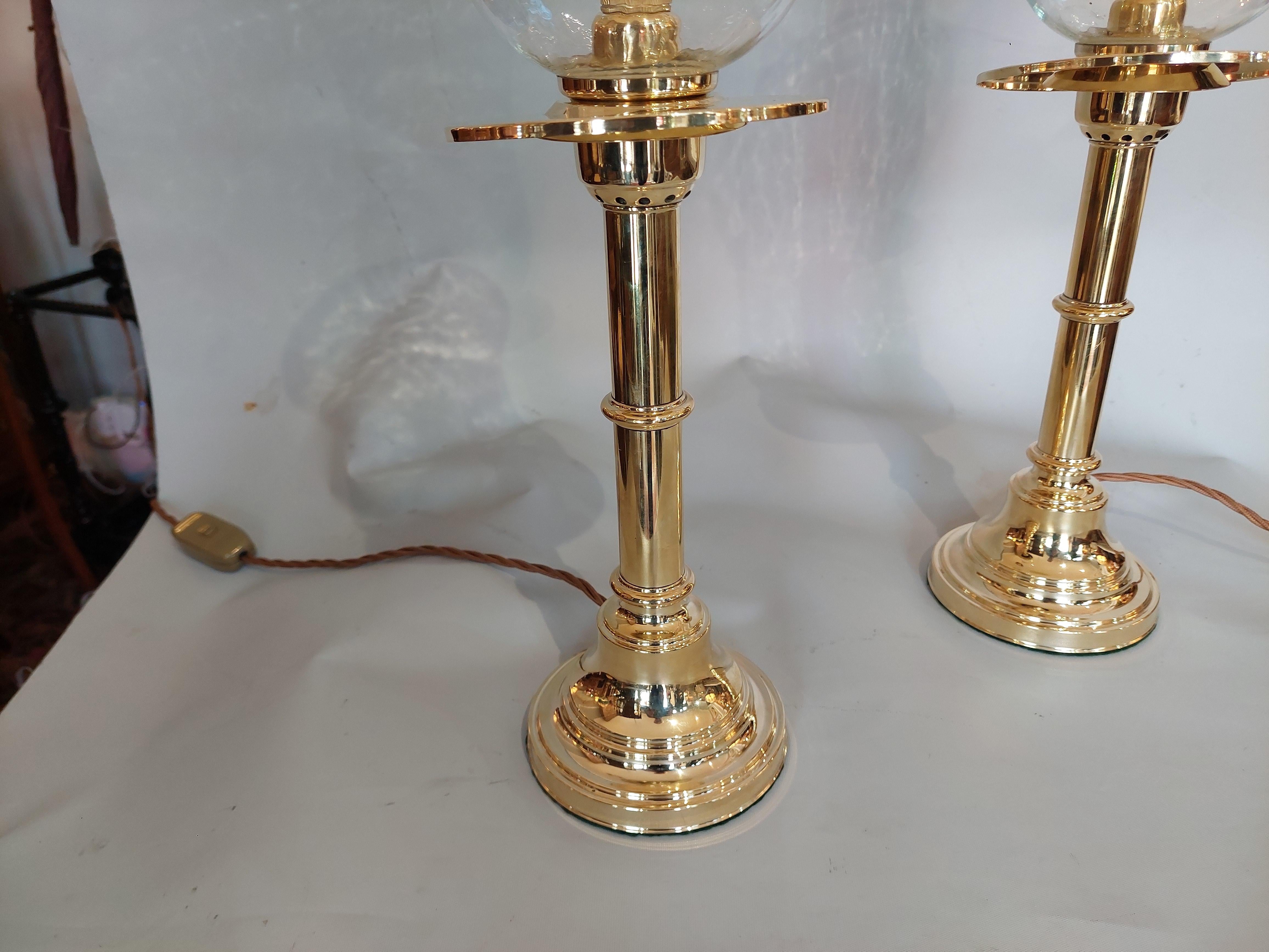 Pair of 19thC Turned Brass Table Lamps For Sale 2